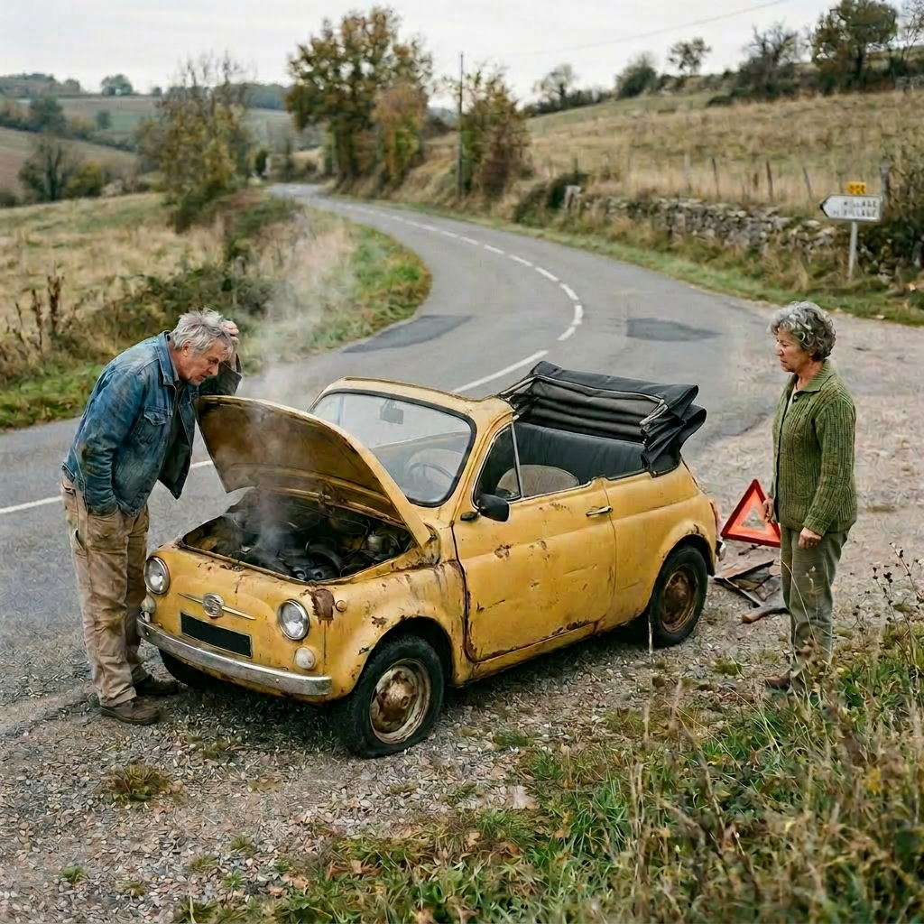 Elderly man and woman standing beside a smoking vintage yellow car with open hood and trunk on a country road