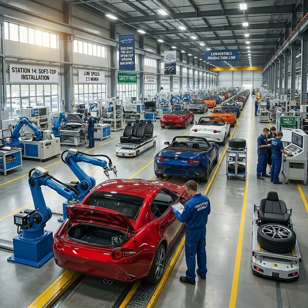 Yellow convertible cars on an automated assembly line with robotic arms and technicians
