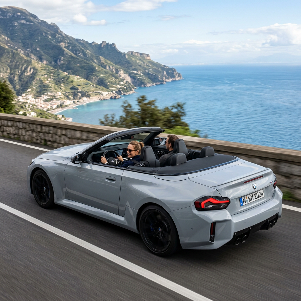 Silver BMW convertible driving on coastal road with ocean and mountains in the background