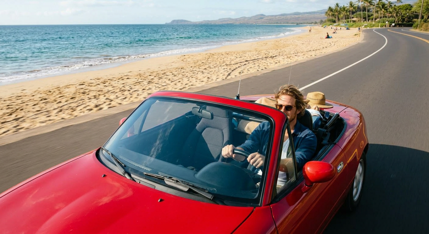 Man sitting on the side of a red convertible car parked on the sandy beach by the ocean.