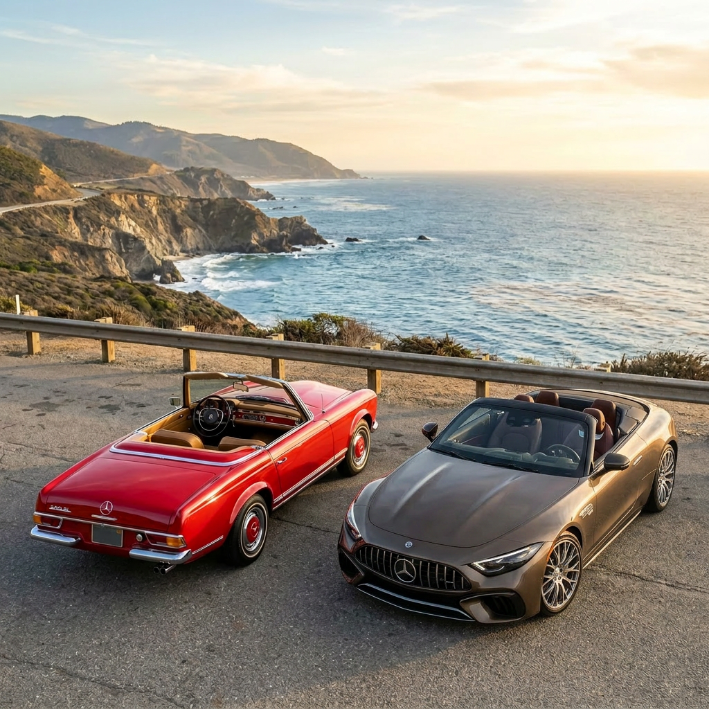 Red classic Mercedes convertible and gray modern Porsche convertible parked by ocean cliffside