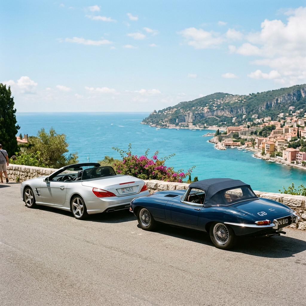 Silver and blue luxury convertible cars parked near a coastal road overlooking the Mediterranean Sea